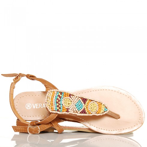 Sandały Camelowe Japonki Kolorowe Koraliki 5337