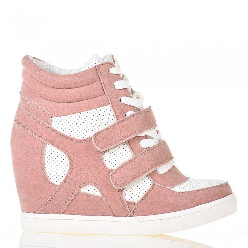 Sneakersy - Różowo Białe Na Dwa Rzepy - Koturn