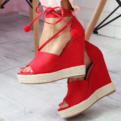 Sandały Czerwone Sznurowane Na Koturnie 6610