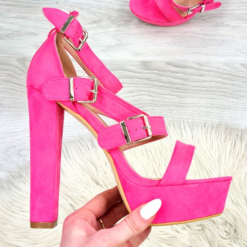Sandały Zamszowe Neonowe Rożowe - 3 Klamerki 10078